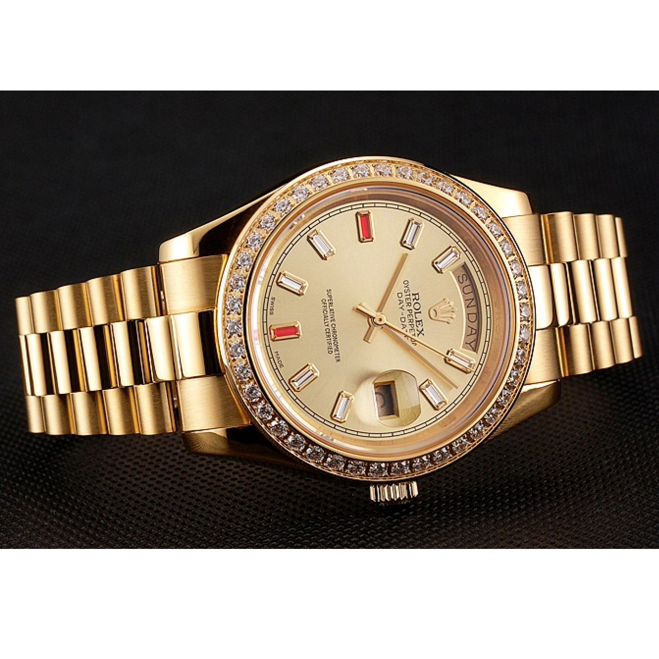 Best AAA Replica Sites 1454100 Champagne And Bracelet Swiss Rubies Dial Day-Date Diamonds Rolex Gold 0622